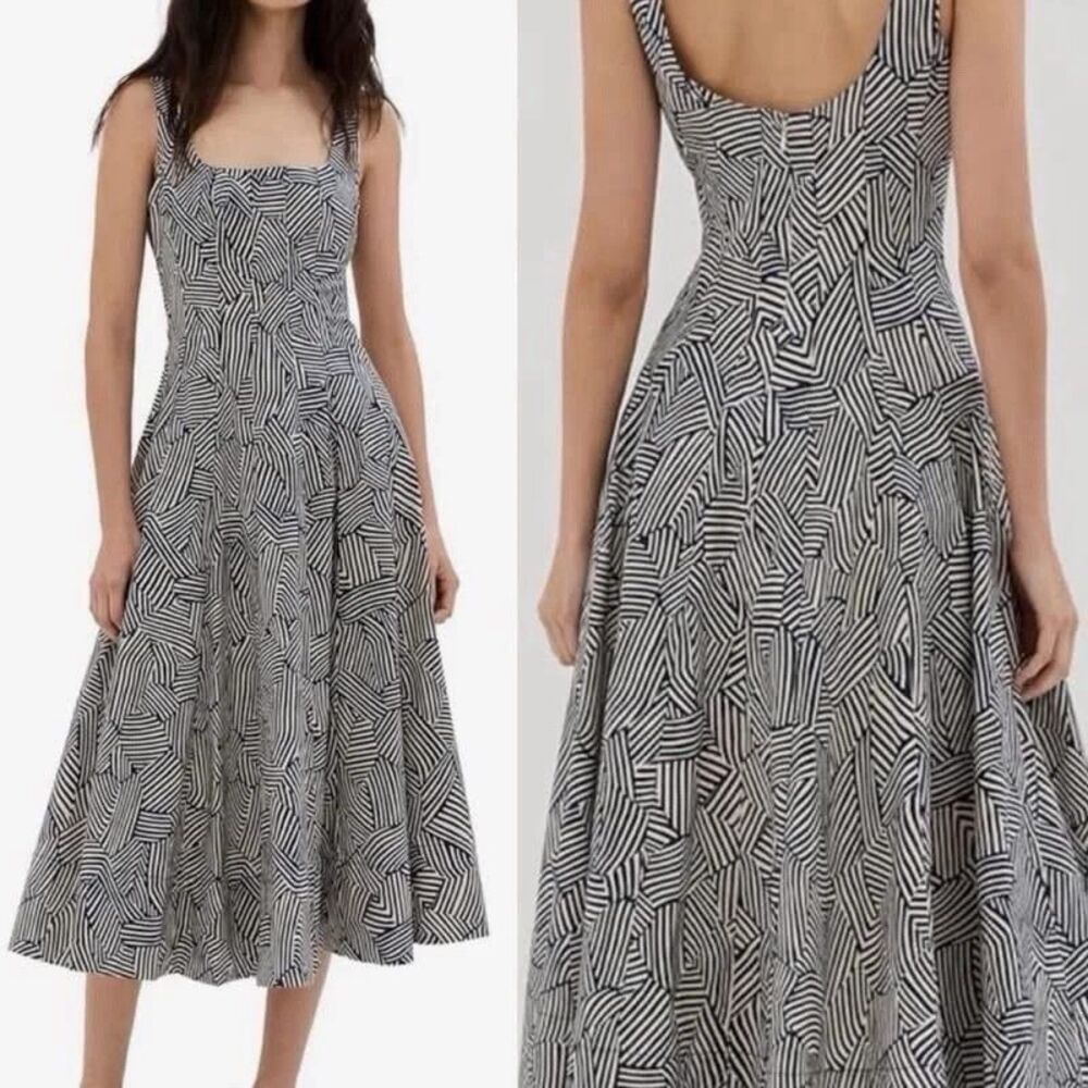 STAUD Wells Dress 6 Blue White Geometric Scoop Neck Fit Flare Midi Sundress
